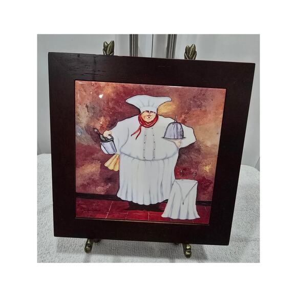 Jennifer Garant “Fat Chef w/Dome Platter” Framed Ceramic Tile Trivet / Wall - Picture 8 of 8